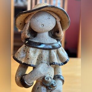 G Courvoie  VTG Pottery Girl in Hat w Flowers-Quebec, Signed